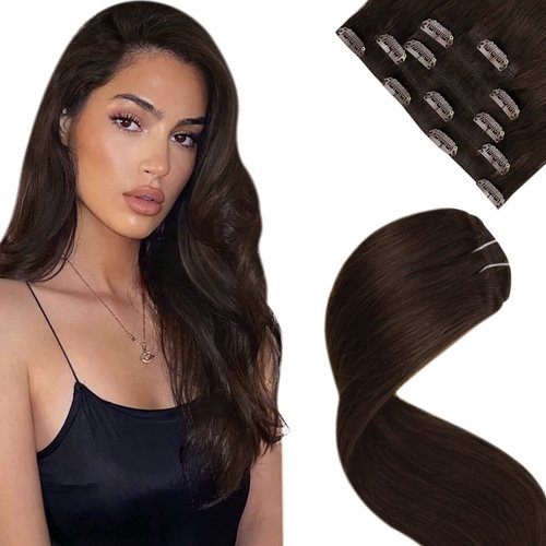 LaaVoo Human Hair Clip in Extensions Darkest Brown Real Human Hair Extensions Clip ins 14 Inch Dark Brown Clip in Hair Extensions For Women Straight #2 5pcs 80G