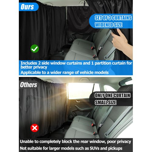 Set of 3 Car Window Shades - 95% Light Blocking Sunshades, 1 Privacy Divider Curtains & 2 Side Window Covers, Wide Sedan SUV Accessories for Kids Baby Travel Camping Nap Sleeping