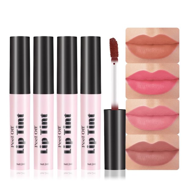 Kaely 4Pcs Rose Red Light Pink Cherry Brown Red Peel Off Lip Liner Stain,Long Lasting Waterproof Lip Tint Marker,Non-Stick Peel Off Lip Gloss Makeup,Highly Pigmented Matte Finish,02+03+05+06