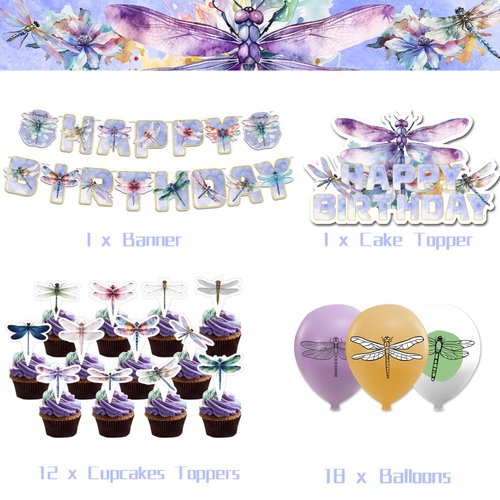 Dragonfly Birthday Decorations Cute Insect Dragonfly Party Decorations Includes Dragonfly Happy Birthday Banner, Cake Topper, Cupcake Topper, Balloons