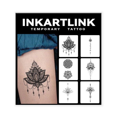 INKARTLINK 6 Sheets Temporary Tattoos, Semi-Permanent Tattoo, Fake tattoos, 1-2 Weeks Tattoo, For the Mature and Elegant Women, Mandala Flower Tattoos Temporary.
