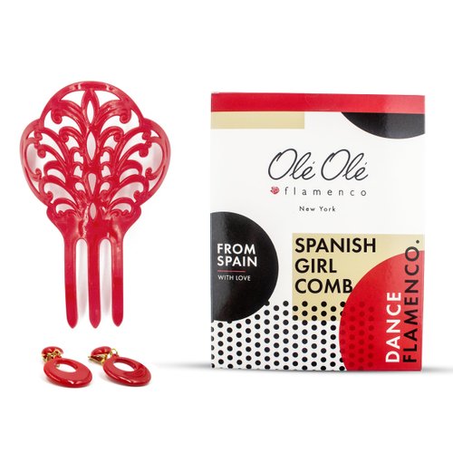 Ole Ole Flamenco Girl Comb for Hair Red Roja with Clip Earrings bundle Flamenco Dancer Spanish Combs Peineta Flamenca Ornamental Hair Pins