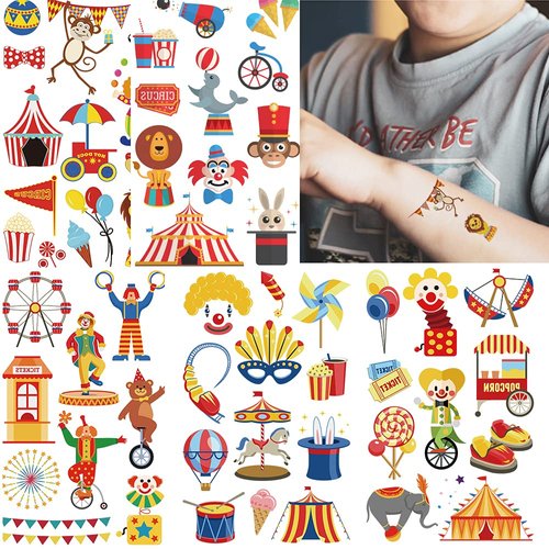 Temporary Tattoos for Kids, Waterproof Body Stickers, 102pcs Fake Tattoo Pattern, Cute Tattoo Decorations, Birthday Party Favor Supplies Decor for Boys Girls Children Toddler Teens 10 Sheets Circus