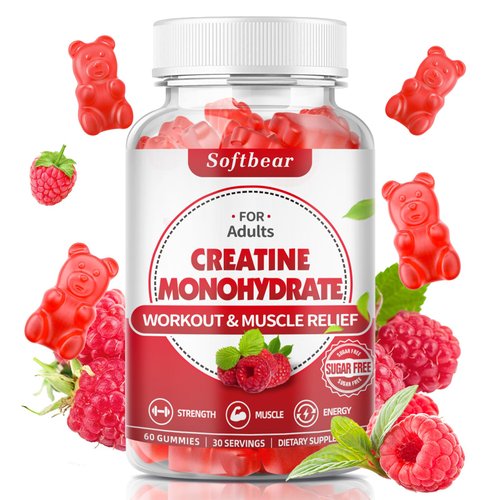 softbear Creatine Monohydrate Gummies for Men Women, Vegan Creatine Supplement 5000mg Creatine HCL Pre Workout Gummies for Muscle Builder Strength Raspberry Flavor 60 Count