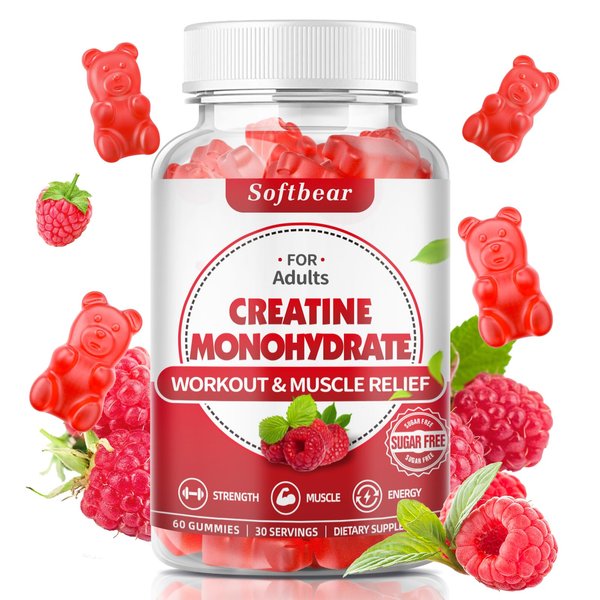 softbear Creatine Monohydrate Gummies for Men Women, Vegan Creatine Supplement 5000mg Creatine HCL Pre Workout Gummies for Muscle Builder Strength Raspberry Flavor 60 Count