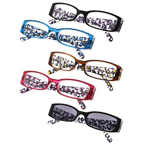 Gr8Sight 5-Pack Ladies Floral Design Temples Reading Glasses for Women Includes Sunshine Readers