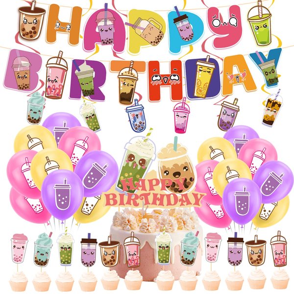 Bubble Tea Party Decorations Boba Tea Birthday Party Supplies Includes Boba Tea Birthday Banner, Spirlas, Cake Topper, Cupcake Toppers, Balloons for Boba Tea Party Decorations
