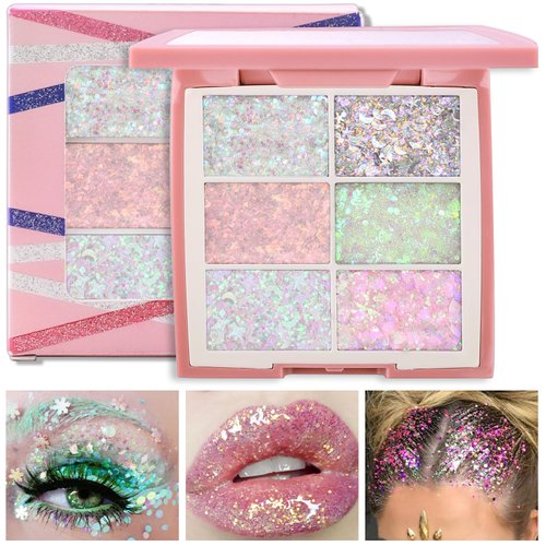 Erinde 6 Colors Face & Body Glitter Palette - Holographic Changing Sparkling Sequins Glitter Freckles for Women Girls Music Festival Party Rave Makeup, Waterproof Mermaid Glitter Eyeshadow Palette