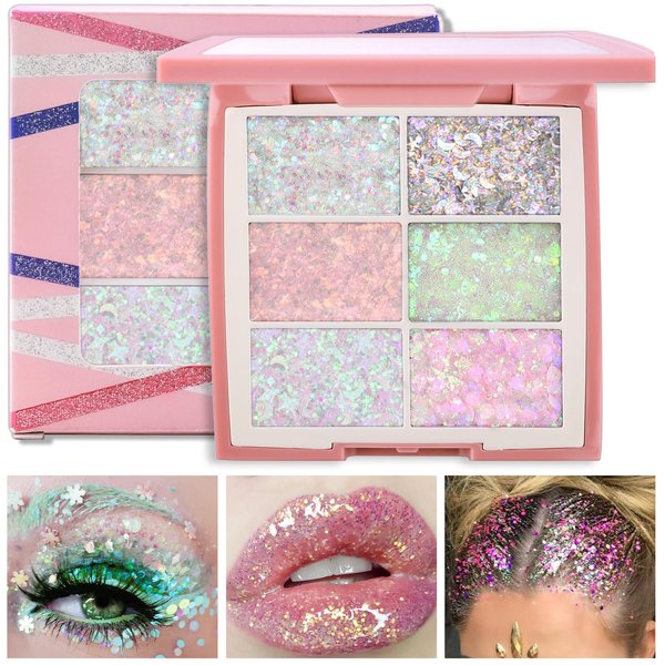 Erinde 6 Colors Face & Body Glitter Palette - Holographic Changing Sparkling Sequins Glitter Freckles for Women Girls Music Festival Party Rave Makeup, Waterproof Mermaid Glitter Eyeshadow Palette