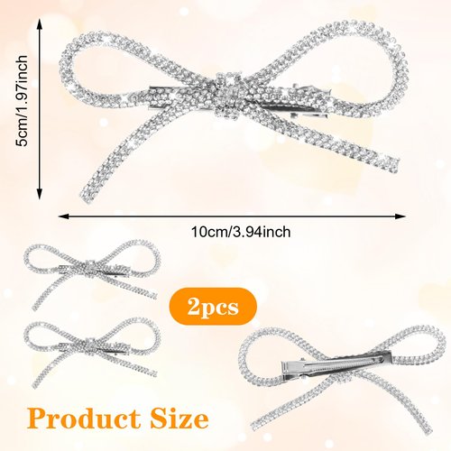 Mabor 2Pcs Bow Hair Clip Silver Rhinestone Hair Clip Bling Crystal Bowknot Clips for Women Teen Girls Glitter Hair Barrettes Hair Styling Accessories for Wedding Party Prom