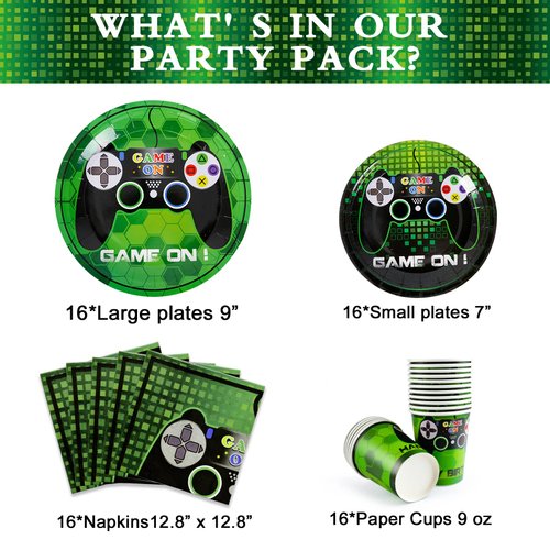 WERNNSAI Video Game Party Tableware Set - Gaming Party Supplies for Boys Birthday Disposable Paper Luncheon Dinner Dessert Plates Cups and Napkins Party Favors Serves 16 Guests 64 PCS