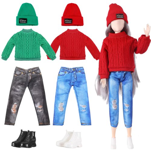 Bencailor 8 Pcs Winter Doll Clothes Christmas Elf Doll Accessories 12 Inch Include Doll Sweater Dolls Pants Shoes Hat(Red Green)