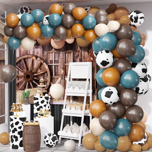 OuMuaMua Cowboy Western Party Decorations, 68Pcs Cow Print Balloons Kit, Coffee Brown Blue Cow Balloons for Cowboys Cowgirls Party Baby Shower Western Farm Birthday Party Supplies, 12 Inch