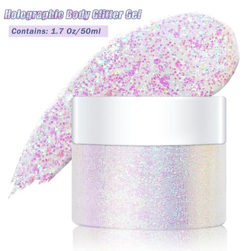 Holographic Body Glitter Gel for Body, Face, Hair, Lip, Nail, Eyeshadow, Color Changing Long Lasting Sparkle Shiny Face Glitter Gel for Festivals and Parties Rave, 50ml (#04)