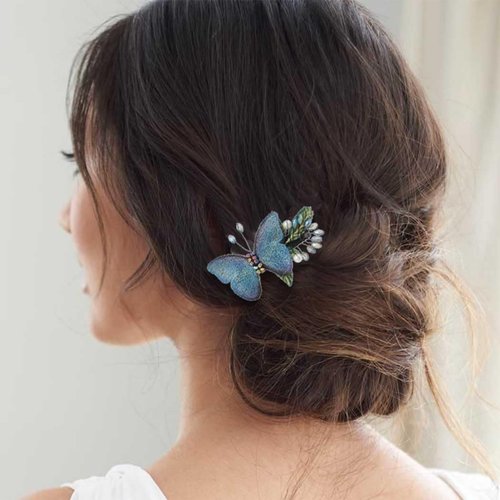 Haomye Butterfly Hair Clips Small Hairpins Embroidered Butterfly Hair Barrettes Boho Hair Accessories Wedding Edge Headpiece for Women 1PCS (Blue)