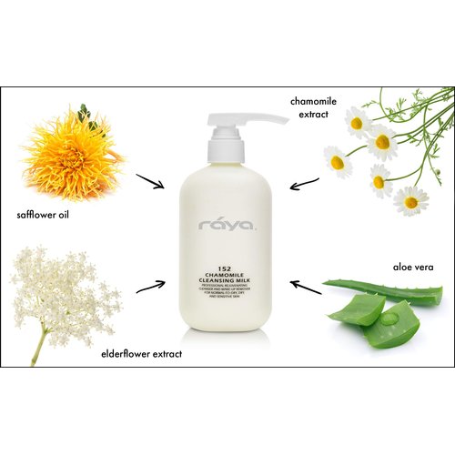 Raya Chamomile Facial Cleansing Milk 16 oz (152) | Gentle, Soap-Free Fluid Cleanser and Make-Up Removing Lotion for Dry and Sensitive Skin | Helps Calm Irritations and Refine Pores
