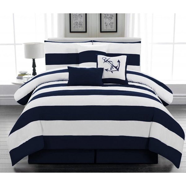 Legacy Decor 7pc. Microfiber Nautical Themed Comforter set, Navy Blue and White Striped Full, Queen, and King Sizes (Queen)