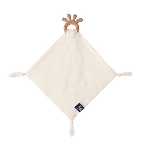 Baby Muslin Security Blanket with Food Grade Silionce Teether,Soothe Teething Toy for Boys and Girls (Cream)