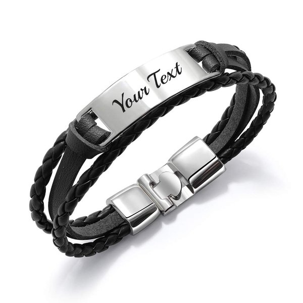 Personalized Mens Bracelet Leather Engraved Bracelet Gift for DAD ID Identity Customised Fathers Day Monogram Birthday Christmas Wedding Engraving Gift