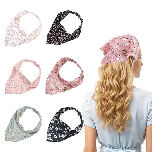 JIYIN 6 Pcs Floral Elastic Hair Bandanas, Boho Hair Scarf Headband Chiffon Head Kerchief Turban Elastic Hair Band Scrunchies, Cute Hair Scarves Turban Hair Accessories for Women(Color1)