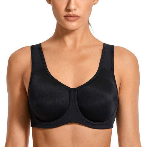 SYROKAN Women's Max Control Underwire Sports Bra High Impact Plus Size with Adjustable Straps Black 42DD