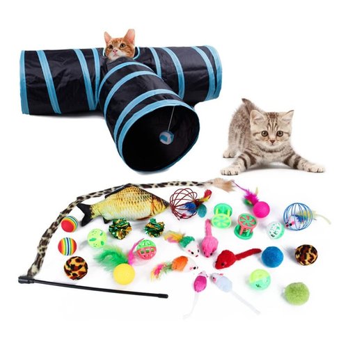 27PCS Cat Feather Toys Kitten Interactive Pet Toys Set for Indoor Cats Including 3 Way Collapsible Cat Tunnel Tube Tent Feather Teaser Wand Bell Fuzzy Ball Spring and Mouse Toy