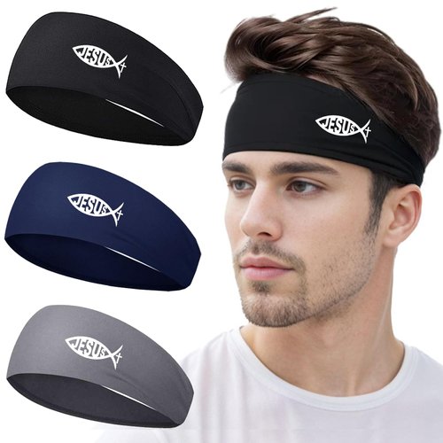 Mens Headband 3 Pcs Sweatbands Sport Headbands for Men Women Wide Sweat Bands Headbands Men Head Bands Cooling Workout Headbands for Men Running Headbands Christian Jesus Fish Printing Hairband Gift