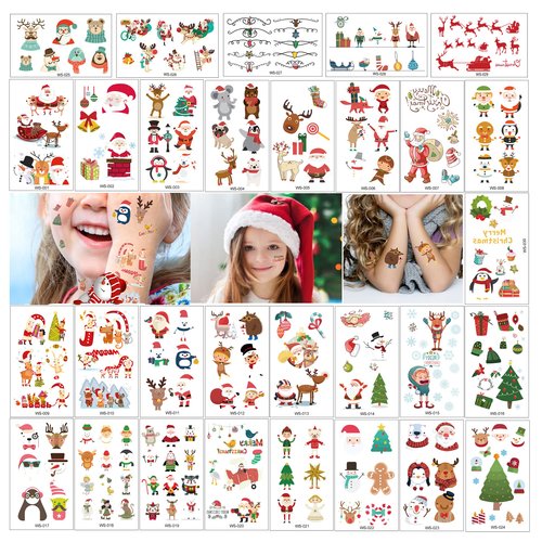 TopFunny Temporary Tattoos for Kids Christmas Makeup, 228Pcs Cartoon Tattoos (30 Sheets) Waterproof Fake Tattoo Body Art Stickers Children Party Decoration Supplies Gifts Favors Girls Boys Christmas