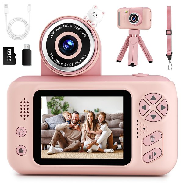 Kids Camera, Christmas Birthday Gifts for Boys and Girls Age 3-8,Video Cameras for Kids 8-12,Childrens Digital Camera for vlogging Portable Kids Selfie Camera with 32GB SD Card Pink