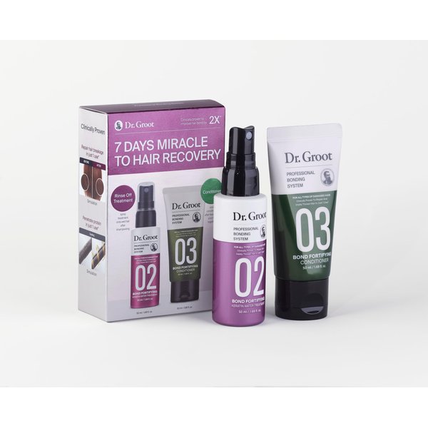 Dr. Groot Professional Bonding System Travel Set - Damaged Hair Repair, Strengthens & Hydrates All Hair Types, Featuring Keratin, Conditioner, and Glass Hair Effect, TSA Approved