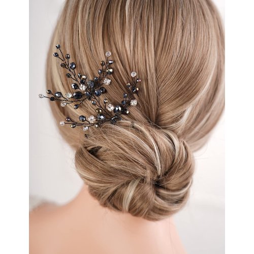 Missgrace Rhinestones Little Simple Bride Wedding Hair Pins Black Bridal Hair Piece Wedding Hair Accessories for Women and Girls Set of 2