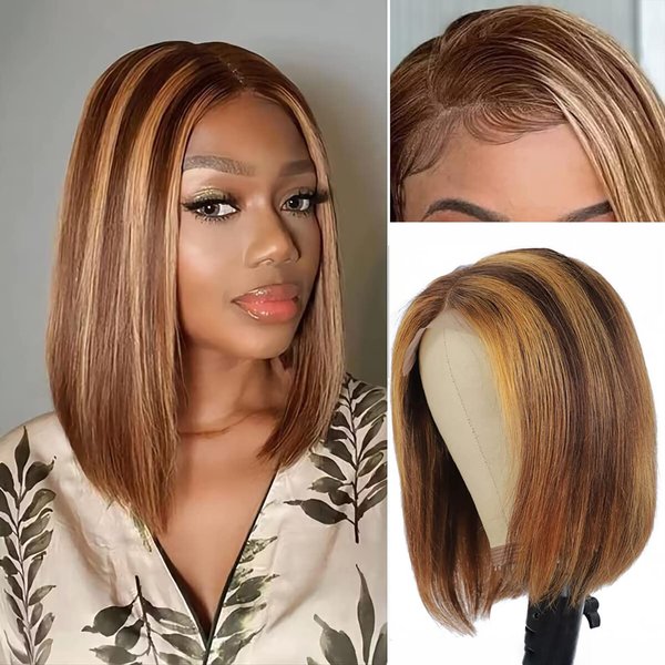 Adyutrlia Highlight Ombre Bob Wig Human Hair 13x4 Lace Frontal Wig with Baby Hair Colored 4/27 Honey Blonde Bob Wig Pre Plucked 150% Density Straight Bob Wigs for Black Women （14 Inch）