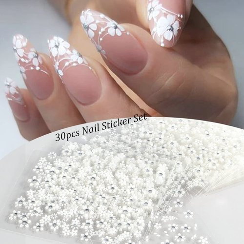 30Sheets Floral Nail Art Stickers Decals 3D Self Adhesive White Flower Designs Nail Supplies White Flower Stickers with Rhinestones Nail Decorations for Women Manicure Charms Transfer Tool Nail Wraps