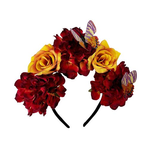 HANSAMU Mexican Rose Flower Crown Headband for Women Day of The Dead Floral Headband Festival Halloween Party Cosplay Costume Hair Accessories (Red Orange)