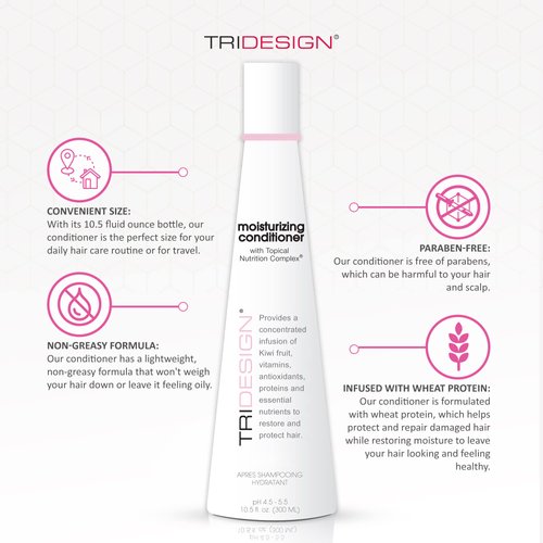 TRIDESIGN TRI Moisturizing Conditioner - Hydrating Dry & Damaged Hair, Infused Wheat Protein to Protect, Repair & Restores Moisture to Curly, Straight, Wavy Treated Hair - 10.5 Fluid Ounce