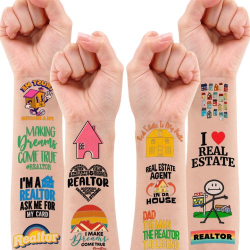 Funny Realtor Estate Agent Tattoo Stickers Temporary Tattoos Themed Birthday Party Decorations Supplies Favors Decor House Referrals Lovers 96 PCS Gifts for Women Men Boys Girls Rewards Carnival