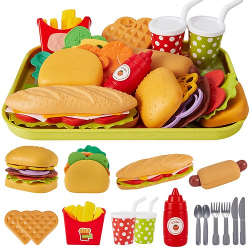 BUYGER Fast Food Play Food Toys for Kids Toddler Children Toy Kitchen Accessories Playset Plastic Toy Food Sets Pretend Play Gifts for 3 4 5+ Years Old