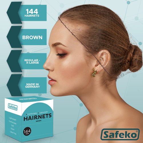 SAFEKO Hair Nets 144 PCS, Individually Wrapped, Lightweight Nylon Hairnets, Latex-Free | Dark Brown, Regular (21")