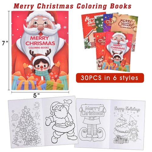 30 Pcs Christmas Coloring Book for Kids with Stacking Crayons, Merry Xmas Activity Supplies, Winter Festive Christmas Party Favors, Mini Toddlers Goodie Bag Stuffers Gift of Snowmen Santa Trees