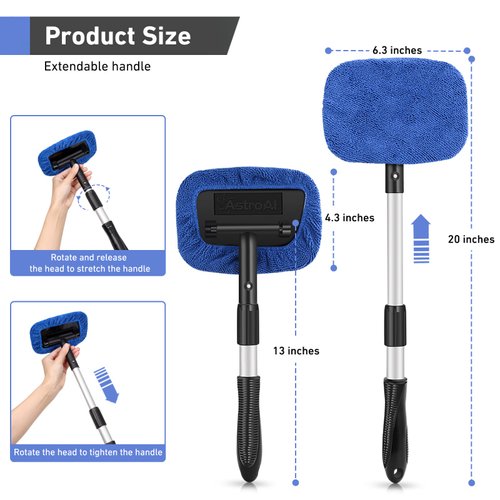 AstroAI Windshield Cleaner, Microfiber car Window Cleaner with 4 Reusable and Washable Microfiber Pads and Extendable Handle Auto Inside Glass Wiper Kit