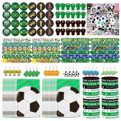 emzrivo Soccer Party Favors 244 Pcs Soccer Birthday Party Decorations With Goodie Bags Wristbands Stickers Keychains Stamps Slap Bracelets Badges for Soccer Party Supplies (Soccer)