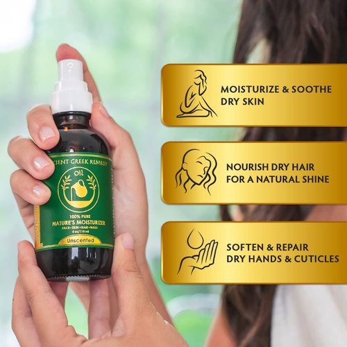 Ancient Greek Remedy Unscented Organic Face and Body Oil made of Olive, Almond, Jojoba, Grapeseed, and vitamin E oil for Sensitive Dry Skin, Hair, Nails. Anti Aging Moisturizer for Women, Men 4oz