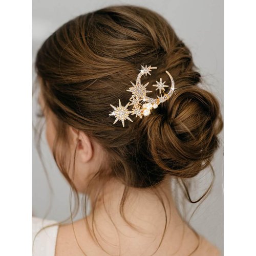 Catery Gold Rhinestones Star Bridal Hair Comb Crystal Moon Wedding Hair Piece Pearl Accessories for Women and Brides