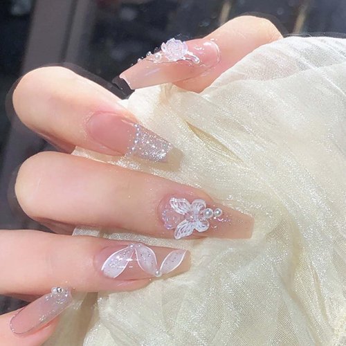Hkanlre Pink Press on Nails Butterfly Coffin Fake Nails Tips Full Cover French False Nails for Women and Girls 24PCS
