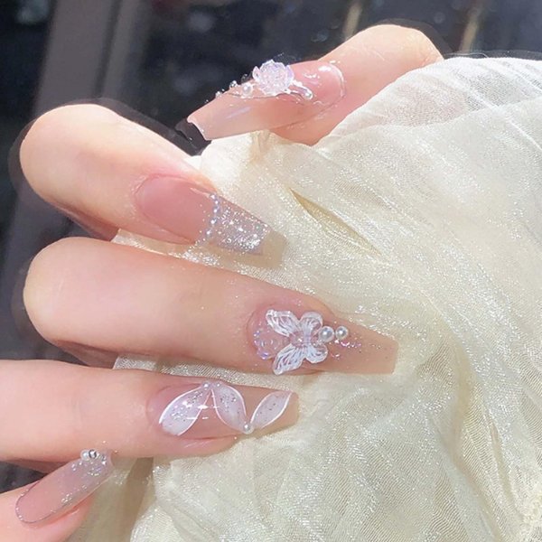 Hkanlre Pink Press on Nails Butterfly Coffin Fake Nails Tips Full Cover French False Nails for Women and Girls 24PCS