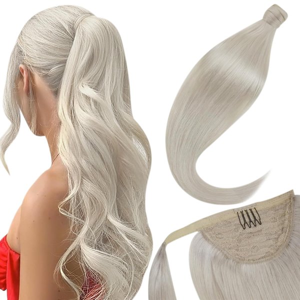 LaaVoo Ponytail Hair Extensions Human Hair Wrap Around Ponytail Extension Human Hair #60 Platinum Blonde Human Hair Clip in Ponytail Hair Extensions 14 Inch 70g