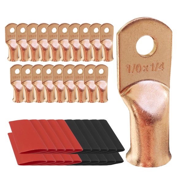 10pcs 1/0 AWG-1/4 Ring Battery Lugs, Copper Lugs, Battery Cable Ends, Tubular Ring Terminals, Crimp Wire Ring Lugs, Battery Terminal Connectors with Heat Shrink Tubing (10, 1/0 Awg - 1/4" (M6) Ring)
