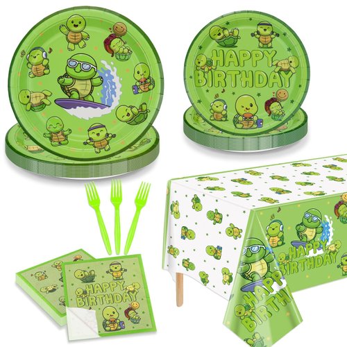 Turtle Party Decorations - 81Pcs Cute Turtle Birthday Decorations Include Turtle Theme Plates, Napkins, Tablecloth for Under the Sea Party Decorations Baby Shower Boys Girls Party Supplies, Serve 20