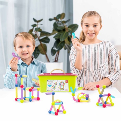 PicassoTiles Magnetic Building Stick Block Construction Set with Storage Bin Colorful 3D STEM Toy Blocks Bar Balls & Rods Montessori Educational for All Ages Puzzle Toy for Boys & Girls PTX50