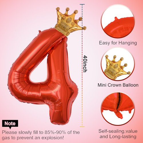 40 Inch Red Number 4 & Mini Crown Balloon for Birthday Party Decorations, 4th Birthday Party Decorations, Baby Shower Anniversary Balloons Decorations Supplies